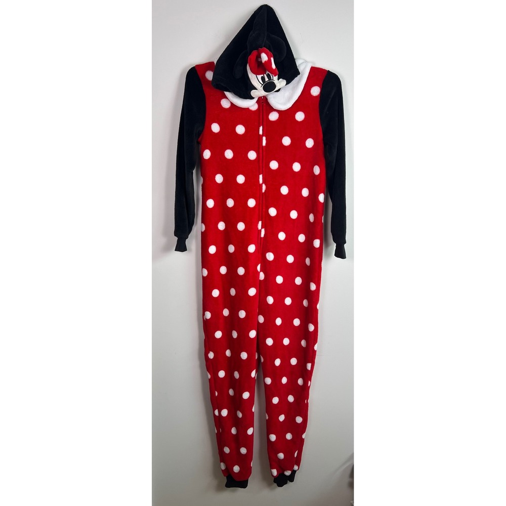 Disney Minnie Mouse Polka Dot Fleece Hooded Pajama Sleepwear Red Black M 8-10